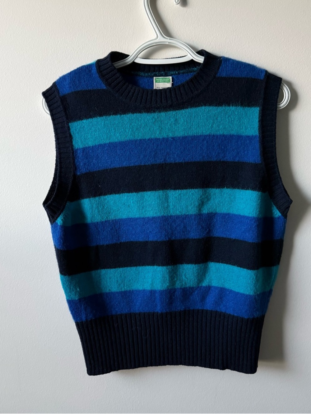 80s Italy United Colors of Benetton Sweater Vest Shetland Wool M Striped Preppy